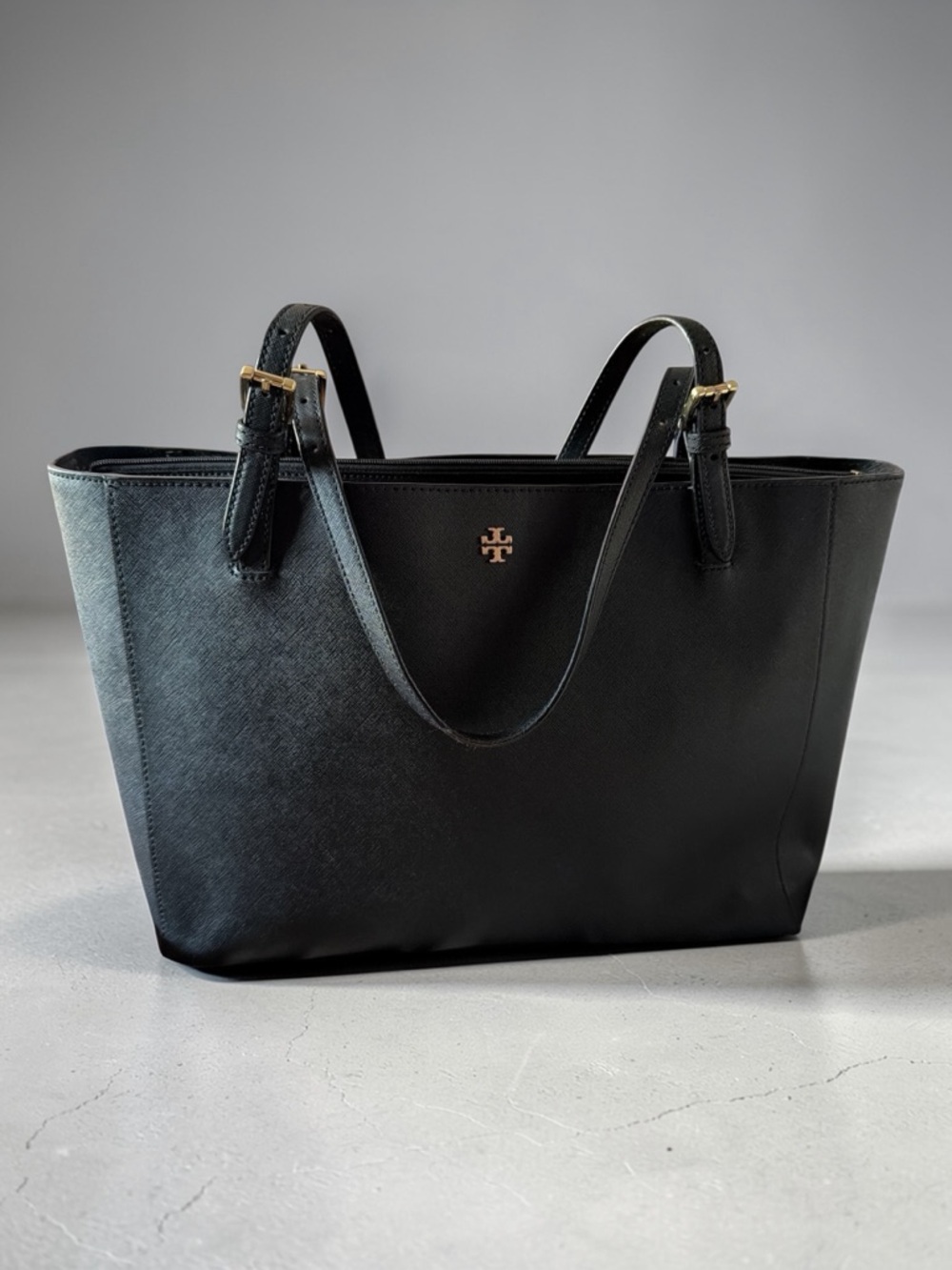 Tory Burch Black Leather Double-Handle Tote with Gold Logo - Picture 7 of 12